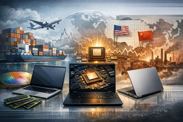 Abstract illustration of a memory chip shortage and supply chain disruption, with semiconductor components, circuit board traces, and a map suggesting global trade tensions