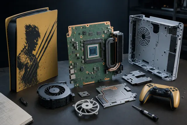 Editorial illustration for a PS5 Slim teardown showing a console hardware revision