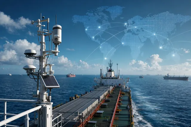Concept illustration of commercial ships equipped with sensors forming a connected ocean monitoring network