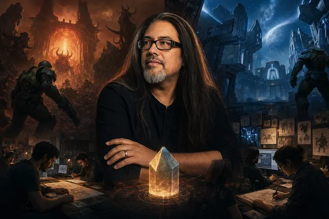 AI-generated editorial illustration for an article about John Romero’s shooter securing a new publisher