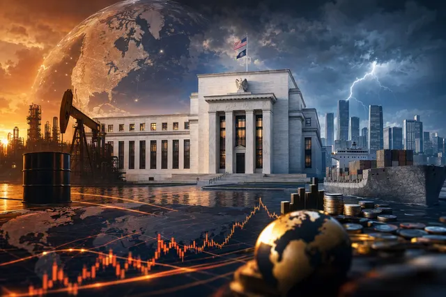 Illustration of global financial markets reacting to Federal Reserve policy, rising oil prices and Treasury yields
