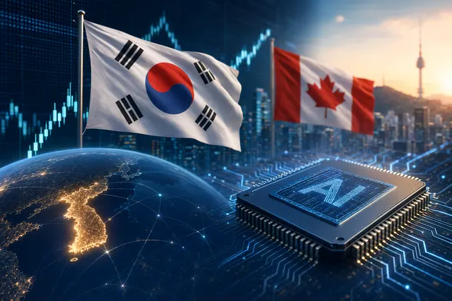 Illustration of semiconductor chips and rising stock charts representing South Korea’s AI-led market rally.