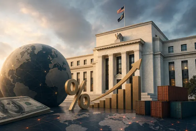 Editorial illustration representing Federal Reserve rate policy and emerging-market investment flows