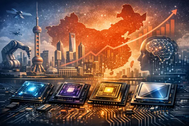 Illustration of China’s domestic AI-chip industry, featuring GPU accelerators and data-center computing infrastructure