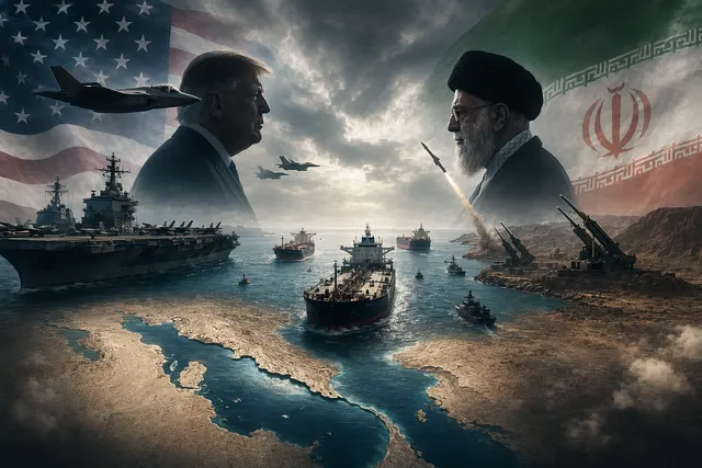 Illustration of the Strait of Hormuz at the center of the U.S.–Iran conflict and global oil shipping routes
