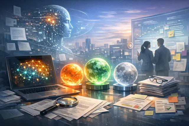 Abstract digital illustration representing OpenAI's new GPT-5.6 model family with three celestial bodies (Sol, Terra, and Luna) and network connections