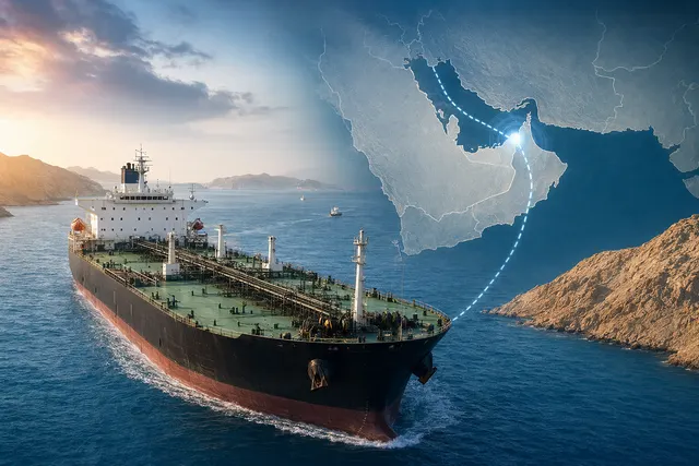 Oil tanker transiting the Strait of Hormuz during geopolitical tensions affecting global oil shipping