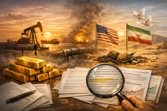 Gold bars and coins arranged on a dark surface with a financial market chart overlay, representing gold's rally to $4,110 amid U.S.-Iran ceasefire dynamics.