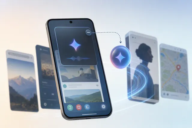 Illustration of Google Gemini’s Android overlay minimizing into a floating bubble while another app remains in use