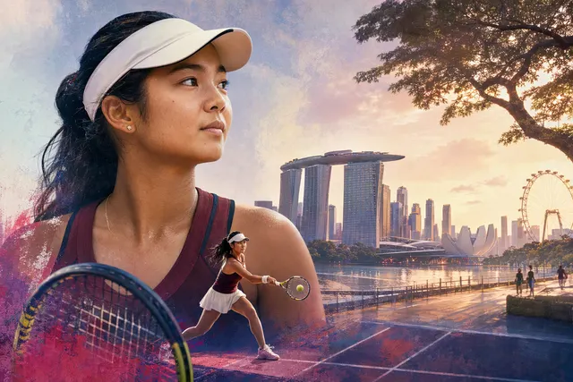 AI-generated editorial image accompanying a story about Alex Eala’s return to Singapore