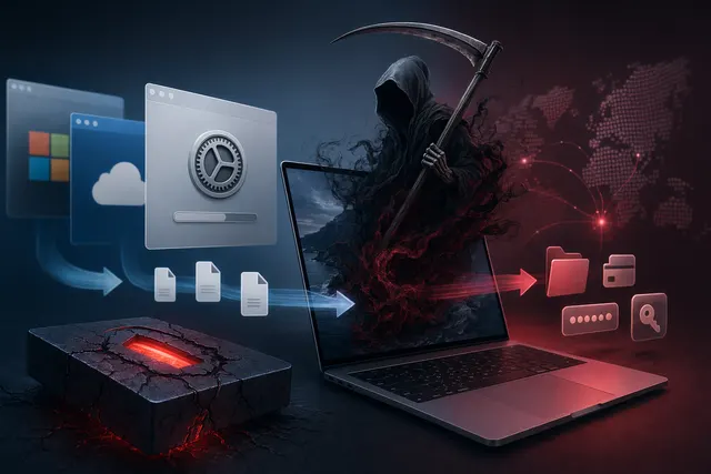 Concept illustration of SHub Reaper macOS malware impersonating Apple, Google, and Microsoft during a multi-stage attack