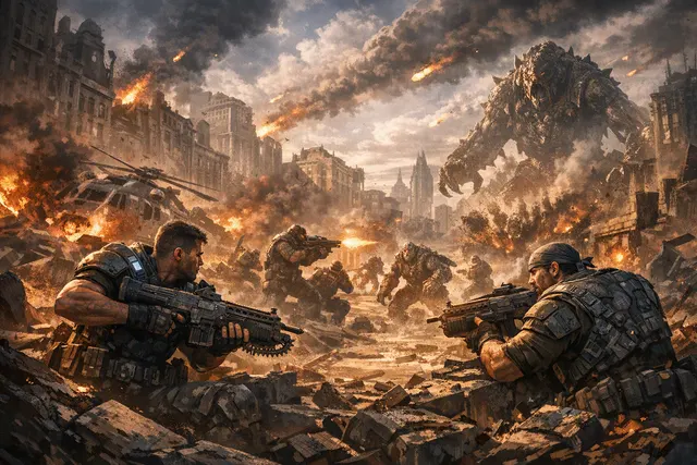 Young Marcus Fenix and Dom Santiago facing the Locust Horde during Emergence Day in Gears of War: E-Day