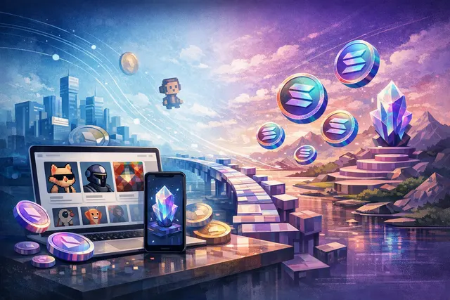 Stylized editorial illustration of OpenSea expanding Solana NFT trading through its OS2 multi-chain marketplace