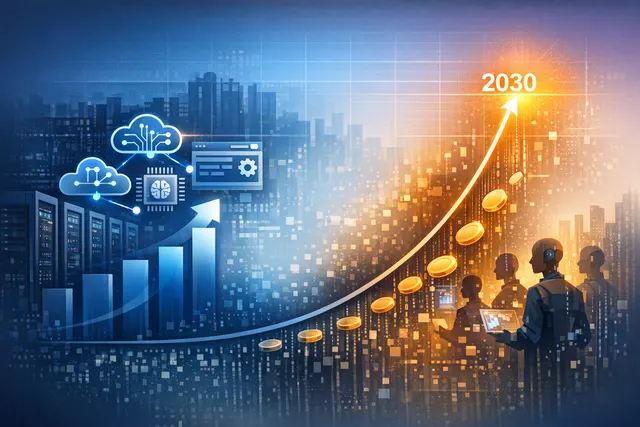 Abstract illustration of AI-driven financial markets with data streams and semiconductor motifs representing the surge in hedge fund technology holdings and token consumption.