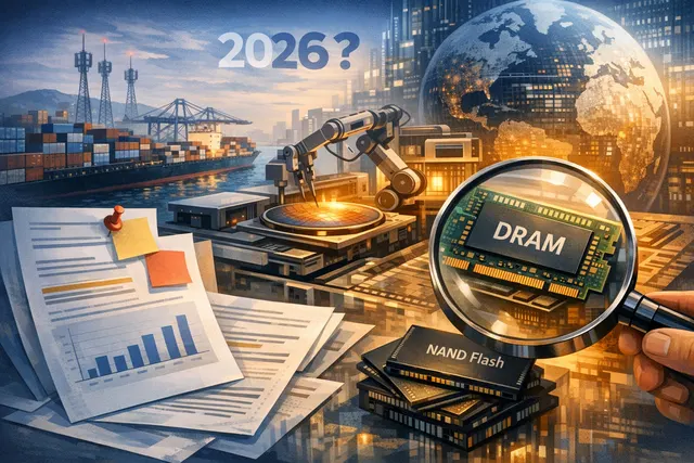 Abstract digital illustration of a memory chip shortage crisis, showing DRAM and NAND components with upward price graphs and AI data center symbols in the background
