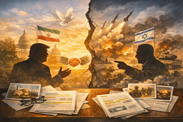 Editorial illustration depicting the strained relationship between Donald Trump and Benjamin Netanyahu, with a document representing the U.S.-Iran agreement as a dividing element.