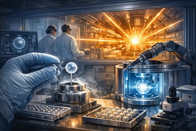 Illustration of a diamond-encased fusion fuel pellet surrounded by laser beams