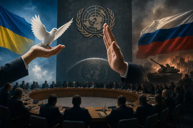 Editorial illustration of a United Nations Security Council discussion on the Russia-Ukraine war ceasefire