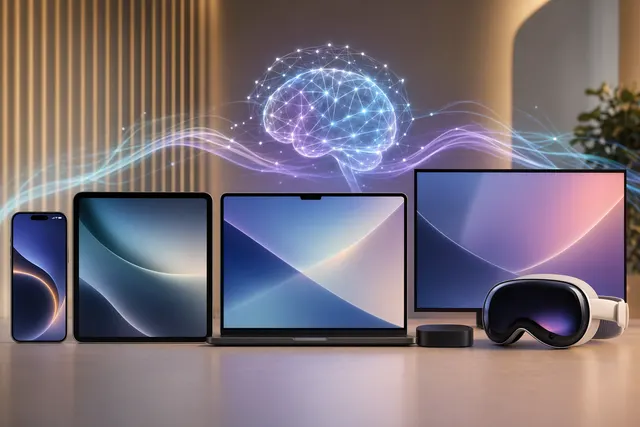 Illustration of Apple devices using AI-powered accessibility features such as voice control, vision assistance, and subtitles