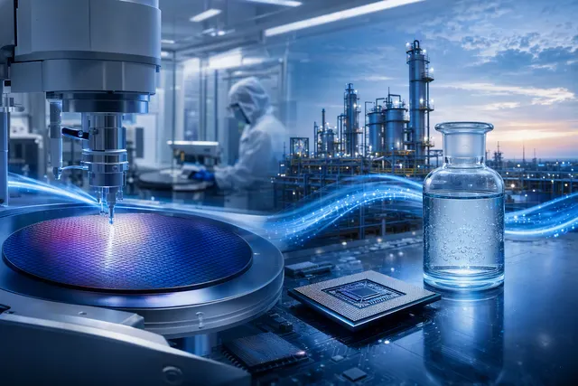 Illustration of semiconductor wafer manufacturing and ultra-pure hydrogen peroxide supply