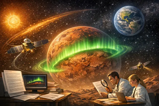 AI-generated illustration of a Martian aurora, with glowing purple and green lights covering the planet's surface, representing the widespread 'aurora universalis' discovered by th