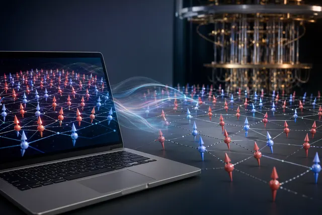 Illustration of tensor networks simulating quantum spin systems, representing classical algorithms reproducing quantum annealing dynamics