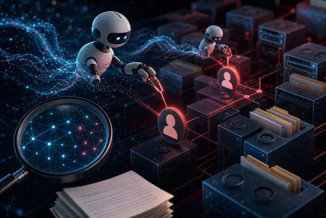 Editorial illustration of AI agents and cybersecurity activity involving Hugging Face