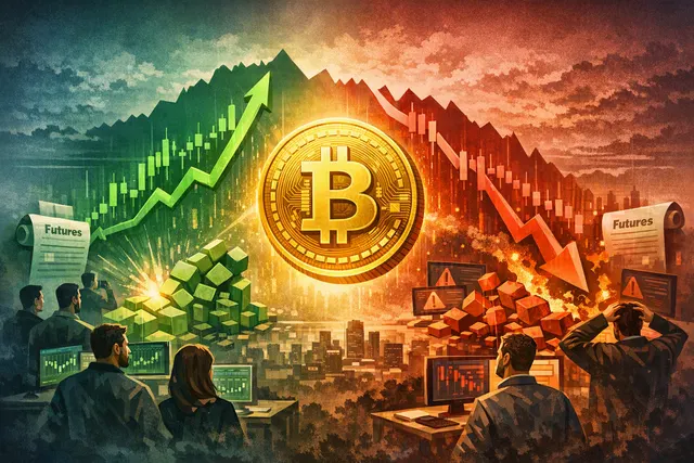Editorial illustration of Bitcoin’s rally reversing into a leveraged crypto futures liquidation cascade