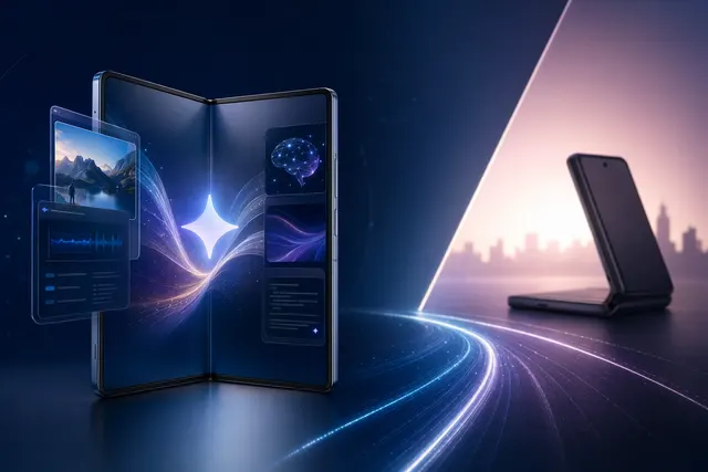 Concept illustration of a Samsung Galaxy Z Fold style foldable phone highlighting AI features and multitasking interface