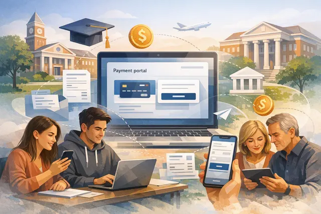 Illustration of PayPal and Venmo being used to pay college tuition through a university billing portal