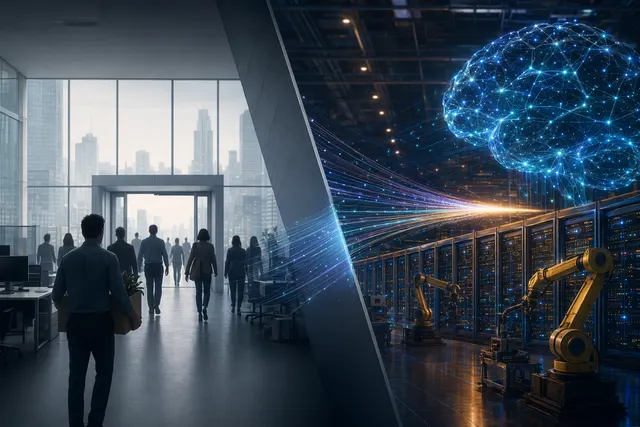 Abstract editorial image contrasting tech layoffs with AI infrastructure investment