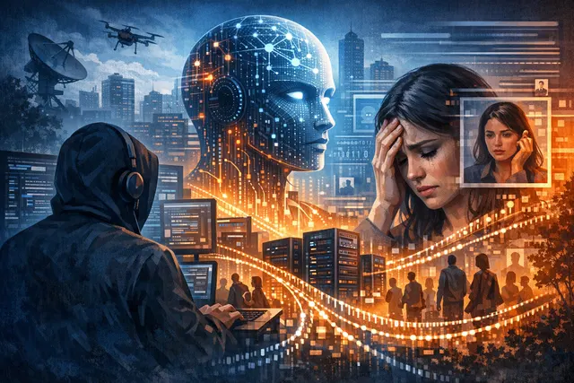 Digital illustration representing the secret mass collection of online personal data to build AI systems.