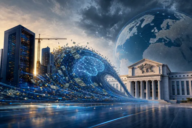Editorial illustration of AI infrastructure investment and global financial markets
