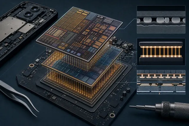 Conceptual illustration of two silicon dies stacked vertically to represent the Kirin 9050 Pro’s LogicFolding design