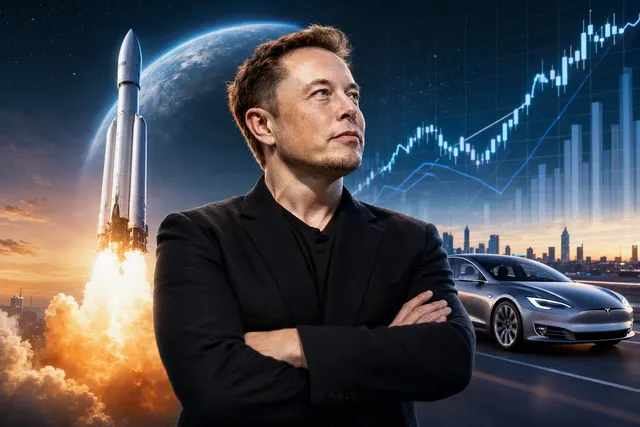 Illustration about Elon Musk’s wealth and the SpaceX and Tesla share rally