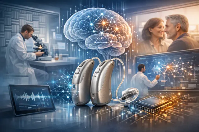 Illustration of a Phonak EON receiver-in-canal hearing aid using real-time artificial intelligence to clarify speech