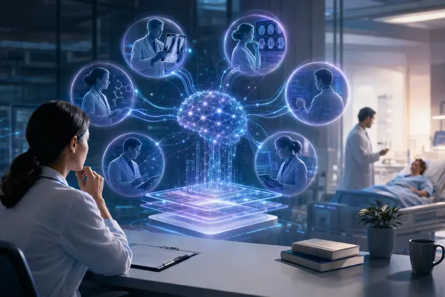 Editorial illustration of a virtual AI medical panel reviewing diagnostic information
