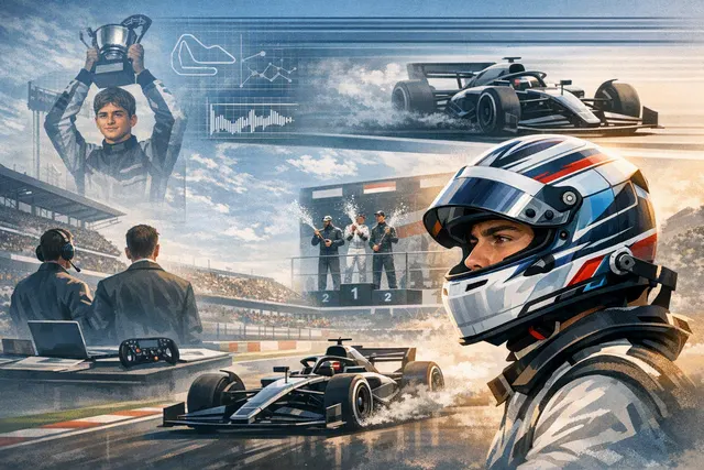Editorial illustration of Andrea Kimi Antonelli driving a Mercedes Formula 1 car at Monza