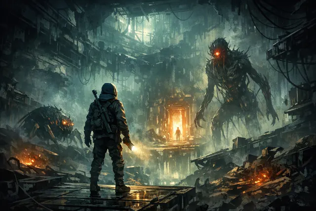 Promotional key art for End of Abyss featuring the protagonist Cel in a derelict sci-fi underground corridor with monstrous silhouettes lurking in shadow.