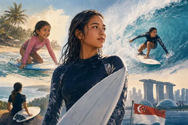 AI-generated editorial illustration representing a surfer’s journey to the Asian Games