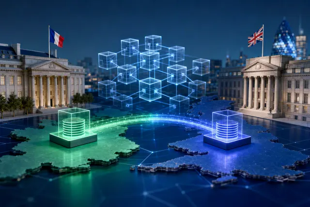 Illustration of a cross-border tokenized deposit payment between France and the United Kingdom on a shared blockchain ledger