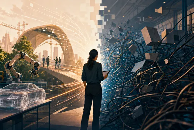 Illustration representing AI adoption and the data and implementation challenges businesses face