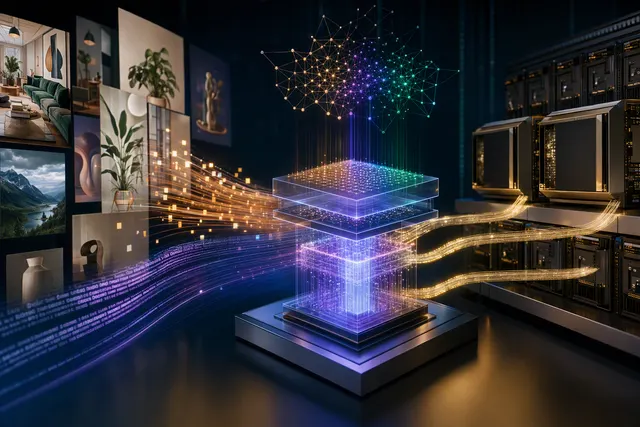 Editorial illustration of Pinterest and Nvidia multimodal AI infrastructure for visual search