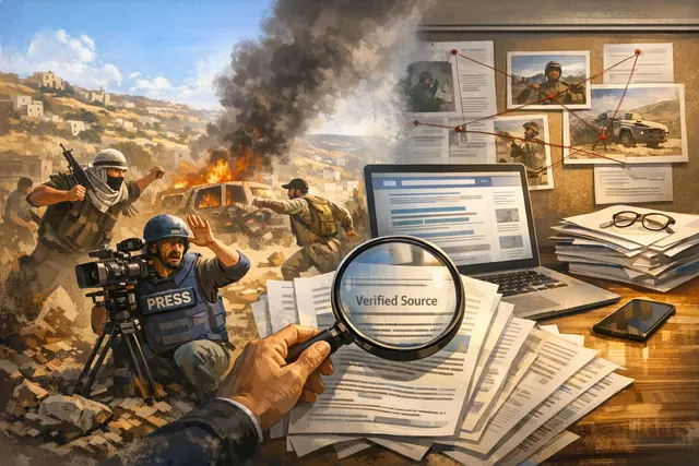 Illustrative image depicting the forced detention of journalists in the occupied West Bank, referencing attacks on press freedom and settler violence.