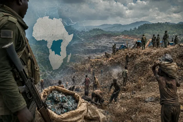 Illustration of cobalt mining conflict in the Democratic Republic of Congo showing miners and security forces at an industrial concession