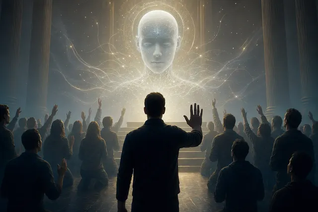 AI-generated editorial illustration for an article about AI models, religious authority and human judgment