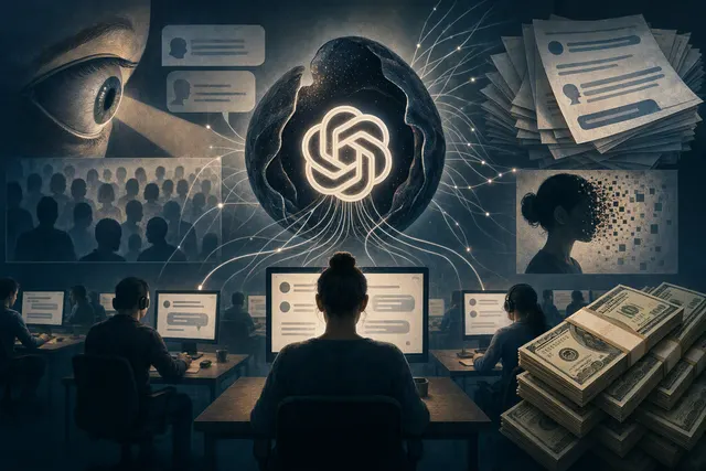 Editorial illustration representing privacy concerns around human review of ChatGPT conversations