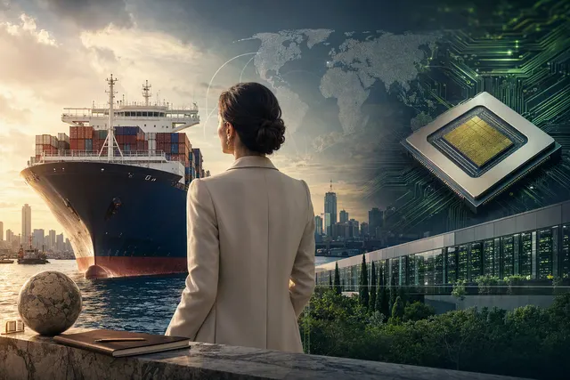 AI-generated editorial illustration for a story about shipping wealth and Nvidia investing