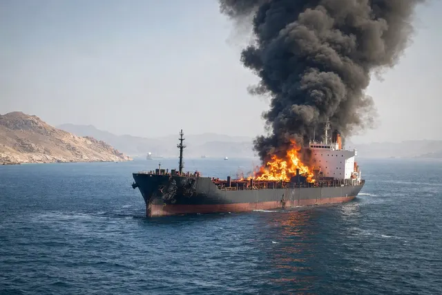 AI-generated editorial illustration accompanying coverage of a cargo vessel struck in the Strait of Hormuz