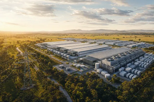Editorial illustration of a large AI data-centre campus in Queensland, Australia